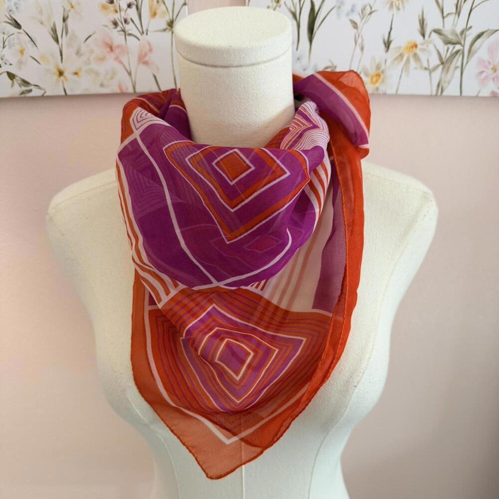 Vintage Sheer Square Scarf | Pink Orange Geometric Retro Hair Neck Scarf